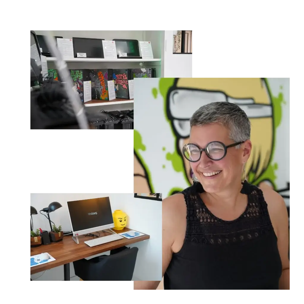 Séverine frere avec un ordinateur a disposition et notre boutique